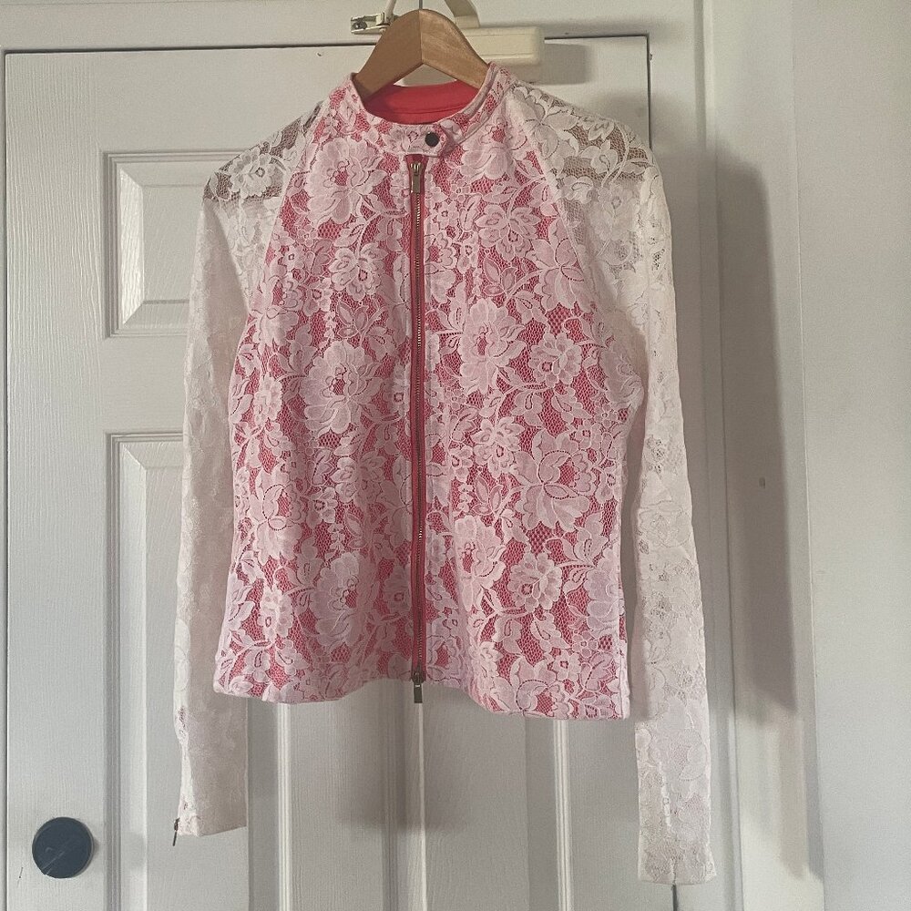 Kenneth Cole Reaction White Lace Blazer Zip Jacket Pink Lining Size Small